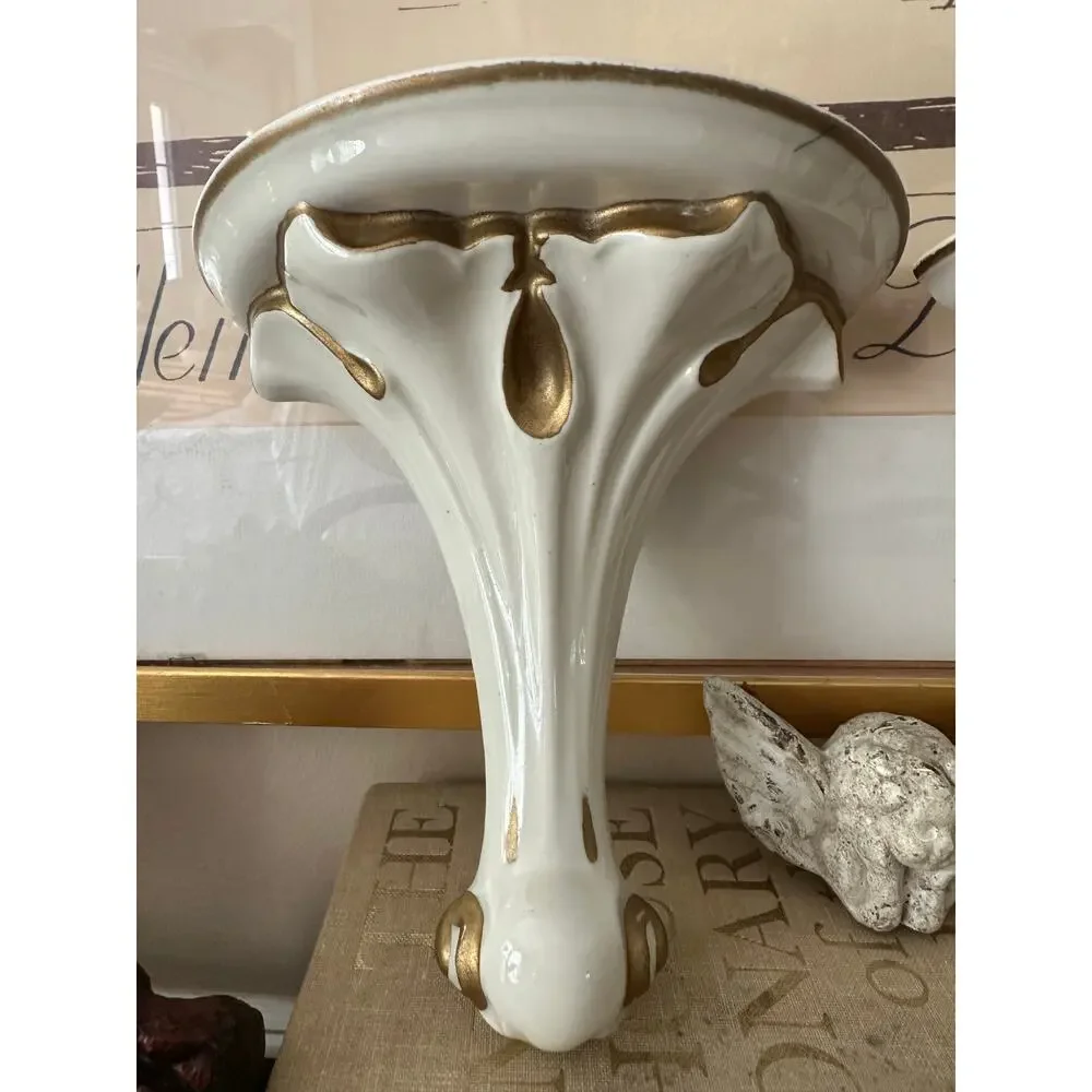 Vintage Italian Hollywood Regency Style Gilt Porcelain Brackets Shelves sconces